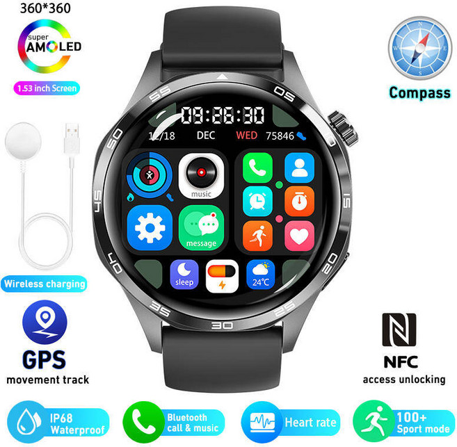 [가성비 스마트워치] 화웨이 GT5 프로 GPS NFC 스마트 워치 남성용 360360 AMOLED 화면 심박수 블루투스 통화 IP67 방수 남자 스마트워치 2024, Watch GT5 PRO, Black, 3.81cm