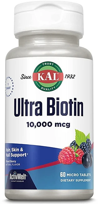 KAL 울트라 비오틴 10000mcg 액티브멜트 모발 성장 KAL Ultra Biotin 10000mcg ActivMelt Hair Growth Supplement High, 60개(1팩), 1개, 60정 - 쿠팡