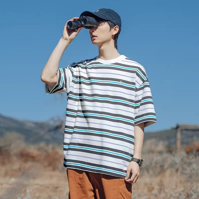 8위 - ANYOU 남성 여름 스트라이프 반팔 티셔츠 오버핏 면질 데일리 라운드 티셔츠