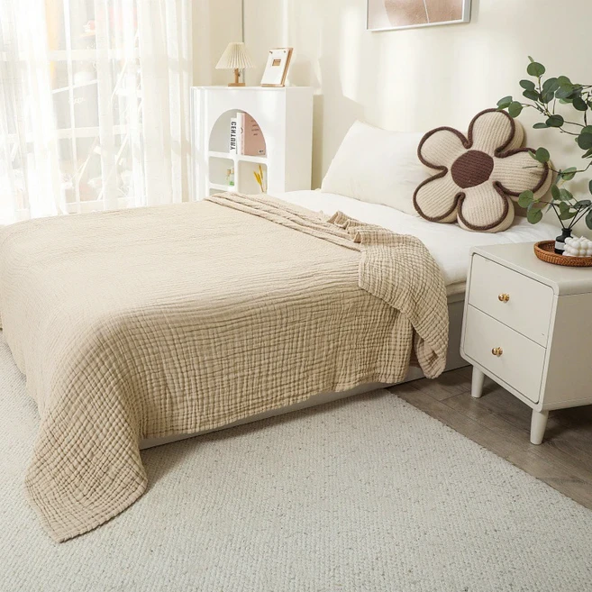 바티로 100% 순면 무슬린 소파 담요 6겹 통기성 가벼운 보헤미안 스타일 침대용 대형 여름, 02 130x150cm, 01 Beige