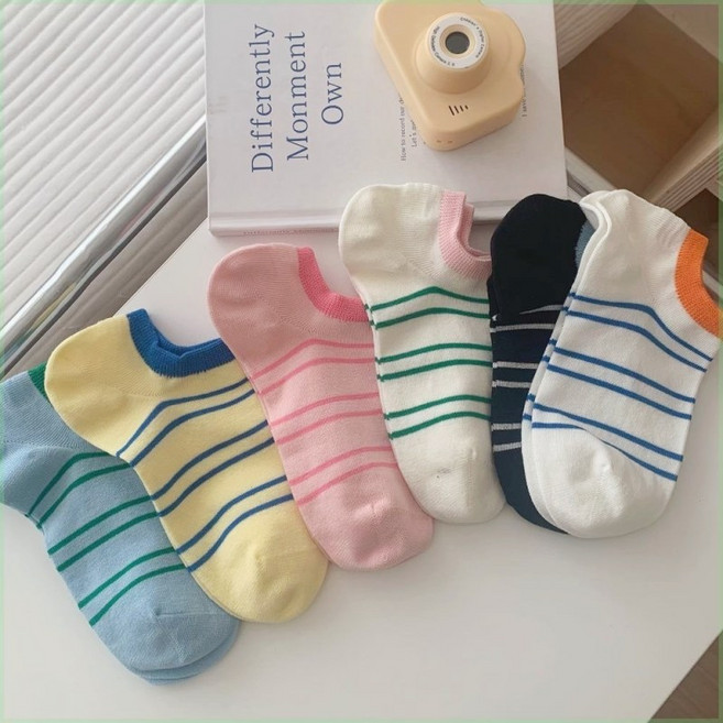 [6개1세트] 뷰티 여성 봄여름 순면 스트라이프 단목 양말 6컬러