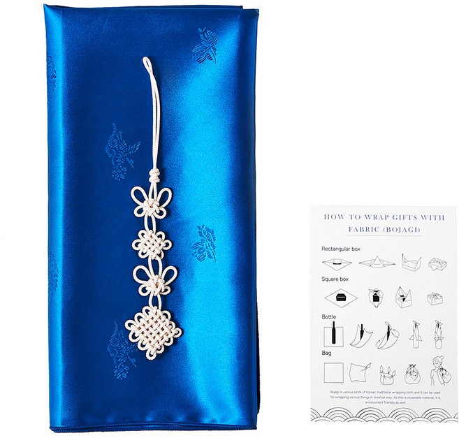 명절 선물 와인 포장 양단보자기+노리개 세트 (매듭법안내지+투명고무줄), 1장, 딥블루+매듭노리개set
