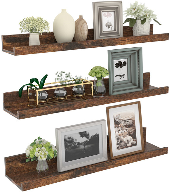 Olivet 벽걸이 수납 선반 원목 벽걸이형 다용도 수납 선반, 갈색, 3단