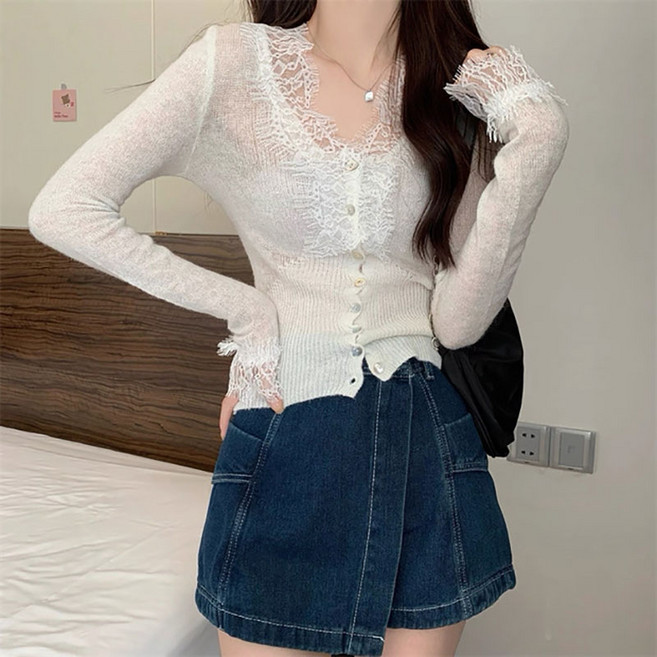 슬림소녀 여성 봄가을 니트 얇은 레이스 카디건 상의 긴팔 캐주얼 통기 코트
