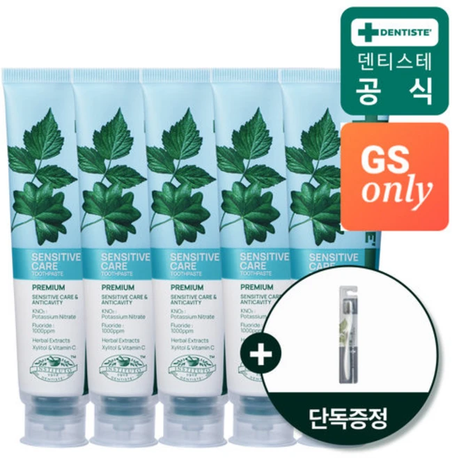 [5%더블]덴티스테 [GS단독] 기능성치약 뉴센서티브케어 200g 5개 + 마이브러쉬 미디엄헤드 1개증정 - 쿠팡
