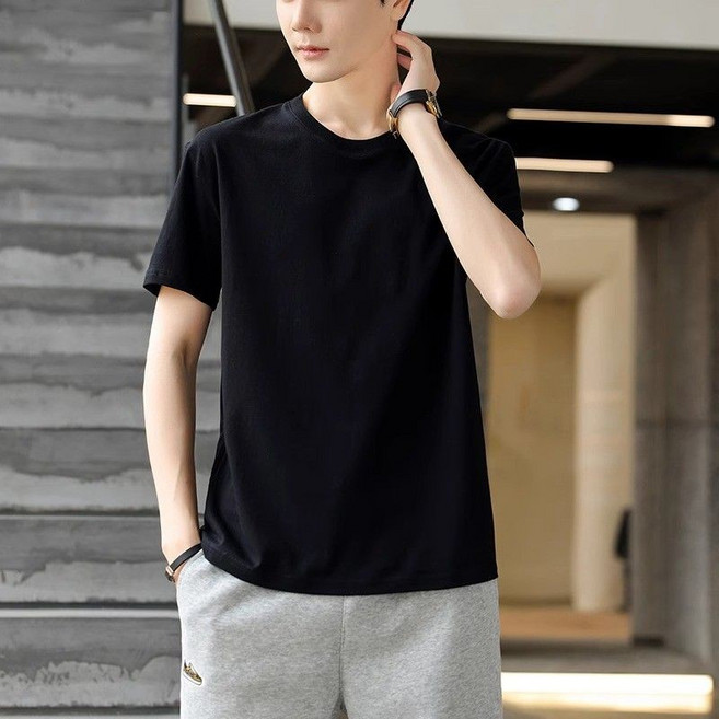 2025短袖男士夏季新款男裝寬鬆休閒純色重磅上衣服T恤