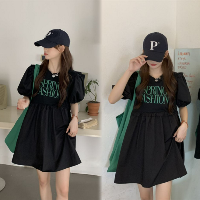 Asure 빅사이즈 여성 원피스 퍼프 소매 반팔원피스 루즈핏 미니원피스