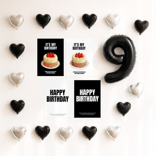 해피제이니 심플 이즈더 미니하트 20개 국산 생일포스터 숫자 호일풍선 생일 파티용품세트, 1세트, 블랙 숫자9