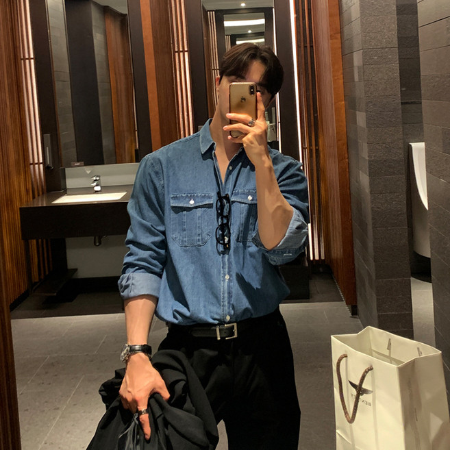 남성 캐주얼 데님 셔츠 루즈핏 베이직 긴팔 청남방