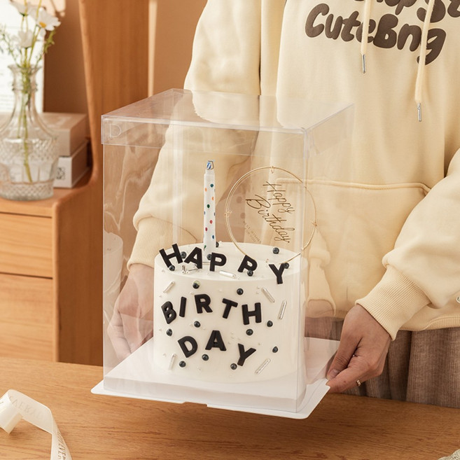 DD 사각 투명 케이크 상자 플라워 포장 디저트 케이스 미니 4호 5호 (받침대+리본포함), 2개, 투명뚜껑