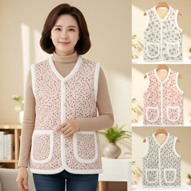 꼼소녀 레트로 촌캉스 김장조끼 할머니 겨울옷 할매 엄마 꽃무늬 조끼 따뜻한 보온 빅사이즈 농촌 코디