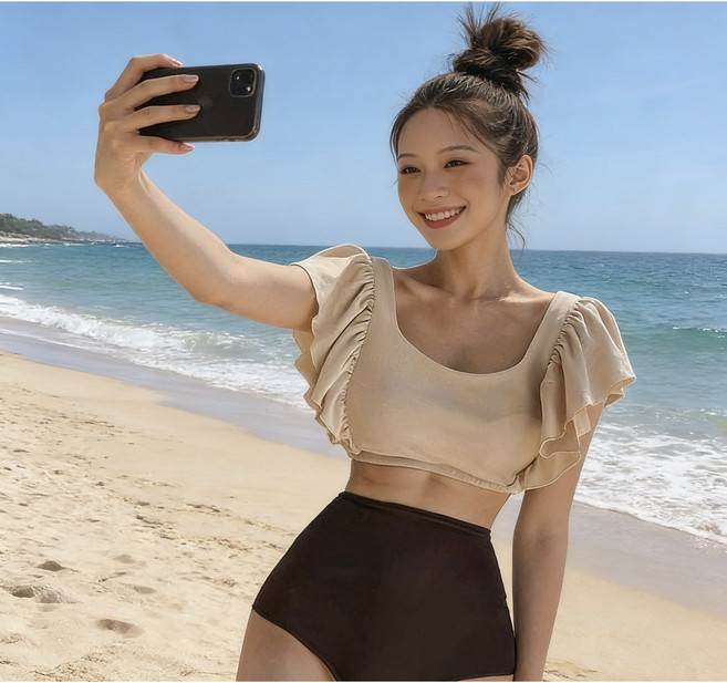 이라 비키니 2종세트 여성수영복, 베이지, XL