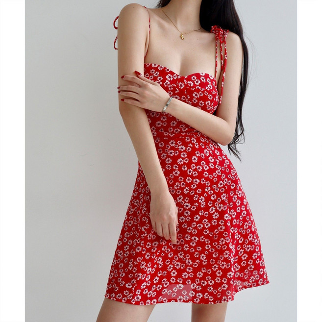 WPUY 휴양지원피스 바캉스 여름 숏 미니원피스 레드 데이지 리틀 끈나시 리본 뷔스티에원피스 여자 여성 슬림 원피스 홀리데이 비치웨어 여름 비치원피스