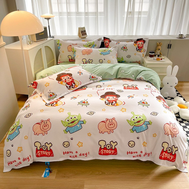 카툰 프린트 워싱 코튼 4종 세트 3종 세트 이불 커버 및 침대 시트