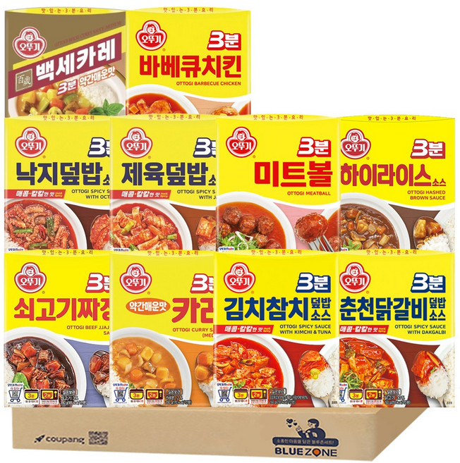 오뚜기 3분소스 (쇠고기짜장+카레약간매운맛+김치참치덮밥+춘천닭갈비+낙지덮밥+제육덮밥+하이라이스+바베큐치킨+미트볼+백세카레 약간매운맛), 1세트