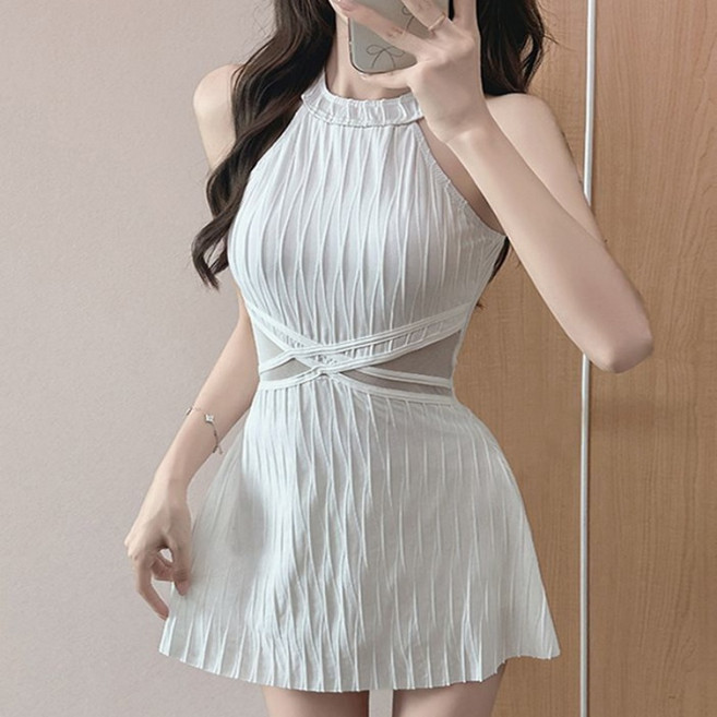 Makone 여성 솔리드 무지 스커트형 원피스 수영복, 화이트