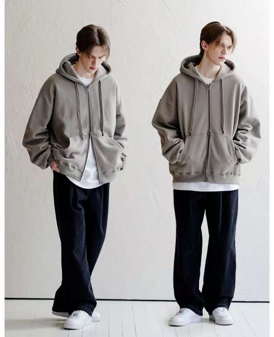 韓購刷毛連帽外套 經典雙拉鍊情侶款 男女同款寬鬆外套 舒適保暖