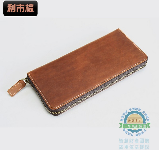 瘋馬皮牛皮長夾 油蠟皮拉鏈長皮夾 頭層牛皮男女適用復古高質感手拿包