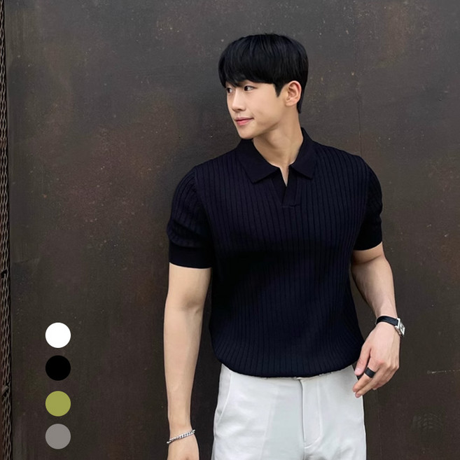 남성 머슬핏 반팔 니트 스탠다드 카라 티셔츠 폴로 심플한 코디 상의 소프트