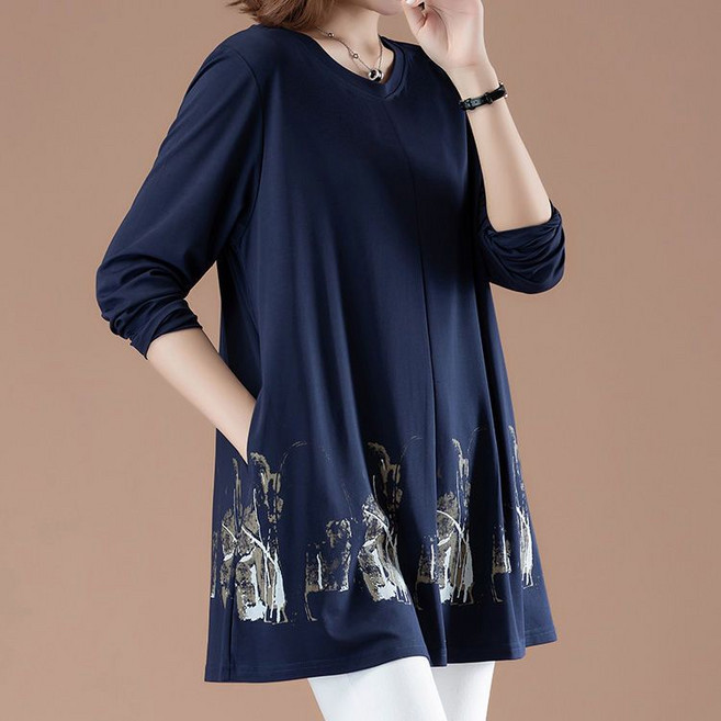 여성용 데일리 빅사이즈 미디 이너티 중년 루즈핏 라운드넥 긴팔 티셔츠