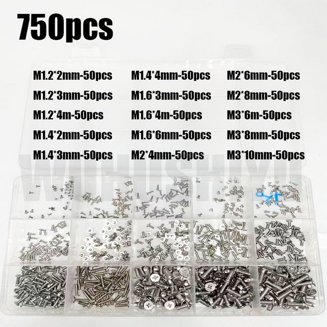 500 750개 M1 노트북 M2 세트 안경 웨이퍼 M3 얇은 미니 나사 휴대폰 플랫 볼트, 750PCS
