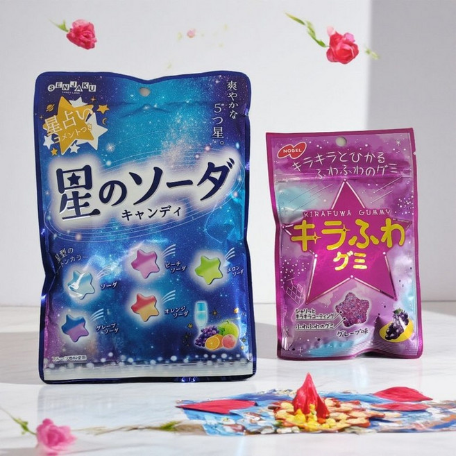 (2봉지 세트) 센자쿠 별사탕 소다캔디 + 노벨 키라후와 구미 포도맛 일본사탕 일본캔디 (해외직배송), 팬 스패로우/별/하드+노벨 구미