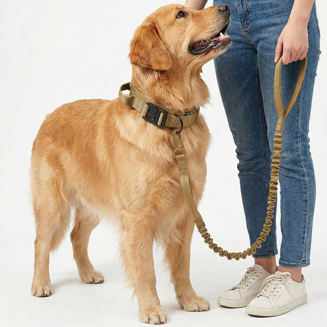 푸키 강아지 중형견 대형견 택티컬 세이프락 목줄 리드줄 세트, 1개, 베이지