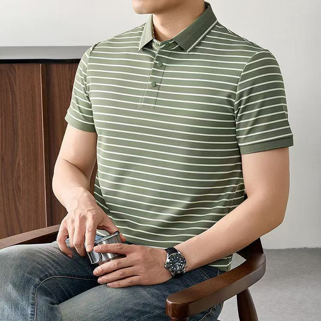 J nd O남성 여름 스트라이프 깔끔한 반팔 카라 티셔츠