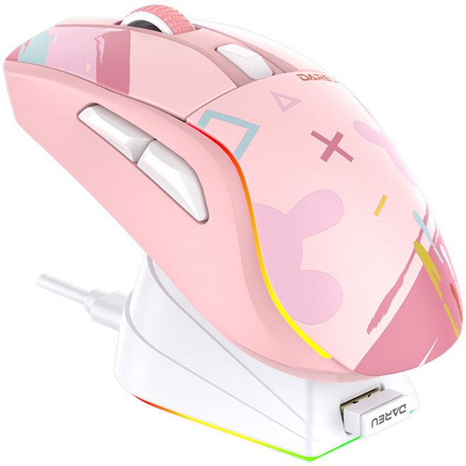 DAREU PC 게임 마우스 3 모드 연결 BT 유선 2.4G 무선 마우스 밴드 충전 베이스 KBS 버튼 마우스 노트북 게임기, Pink