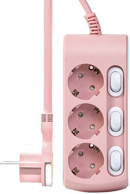 러그박스 납작 멀티탭 개별 스위치 파스텔 3구 1.5m 4컬러 (민트 블루 퍼플핑크 핑크) 플랫 플러그 고용량, 핑크, 1개