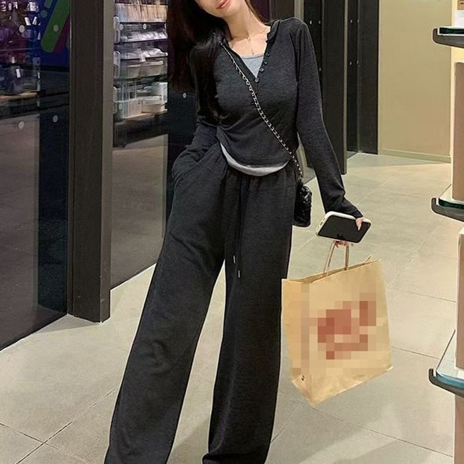 FANSYLI 트레이닝복세트 여성심플 캐주얼 통근세트 후드맨투맨+끈나시+와이드팬츠3종 데일리룩 X2508A13