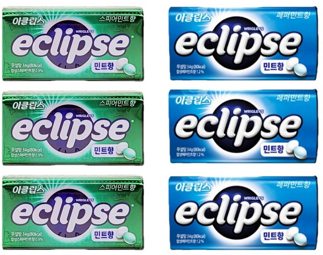 이클립스 베스트셀러 민트 세트 (페퍼민트 3종 + 스피아민트 3종 총 6개) 각 34g, 24개