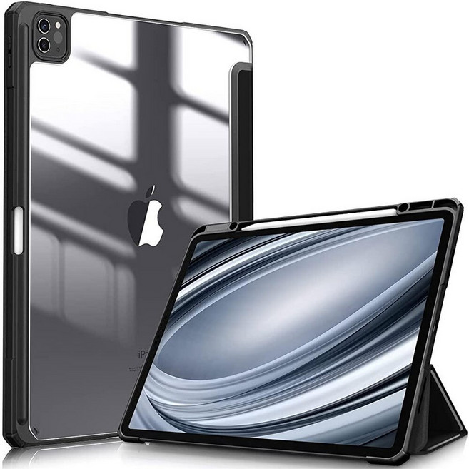 Fintie 하이브리드 슬림 케이스 iPad Pro 12.9인치 5세대 2021용 - [내장 Pencil 홀더] 투명한 뒷면 쉘이 있는 충격 방지 커버 iPad Pro 12, 블랙