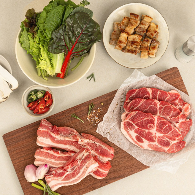 [부경식품] 캠핑용 모둠세트 (한우 200g+한돈 400g+부채살200g+ 쌈채소750g), 1개