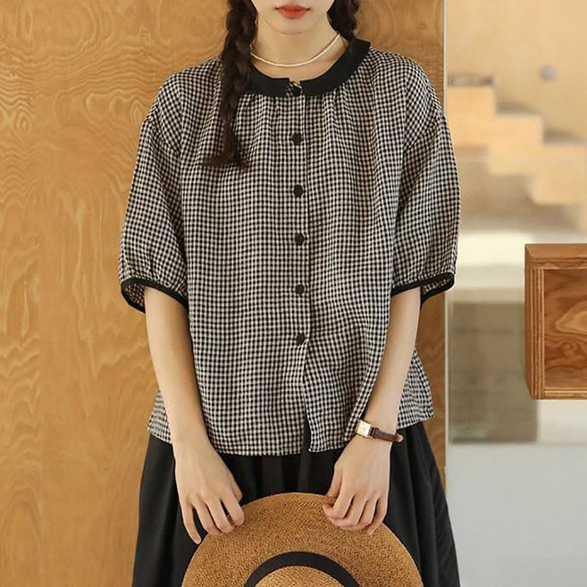 슬림소녀 여성 봄 여름 라운드 체크 포인트 반팔 셔츠 데일리 캐주얼 루즈핏 톱