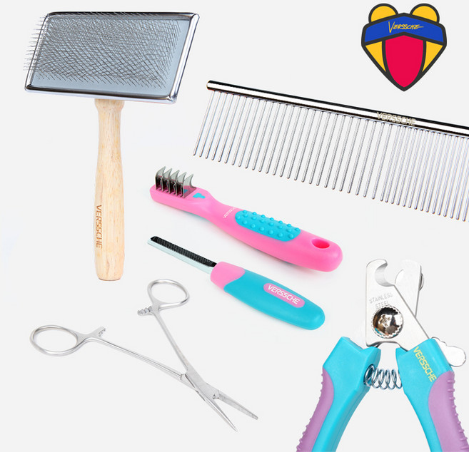 베르쉐 애견미용학원생 애견미용 6종 세트 슬리커 콤 디매터 발톱깎이 발톱갈이 직선 겸자