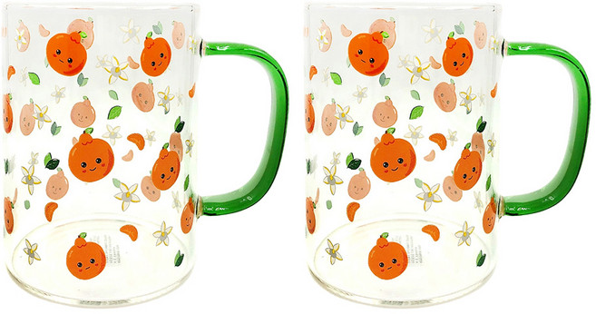 제주노리 칼라 핸들 유리 머그 감귤 한라봉 500ml 제주 유리컵 내열잔, 2개