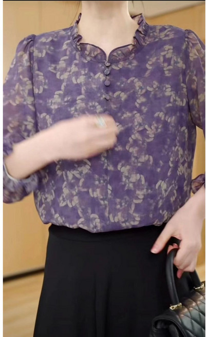 중년여성의류 루즈핏 프릴 라운드티 봄여름 얇은 쉬폰 블라우스 빅사이즈 남방