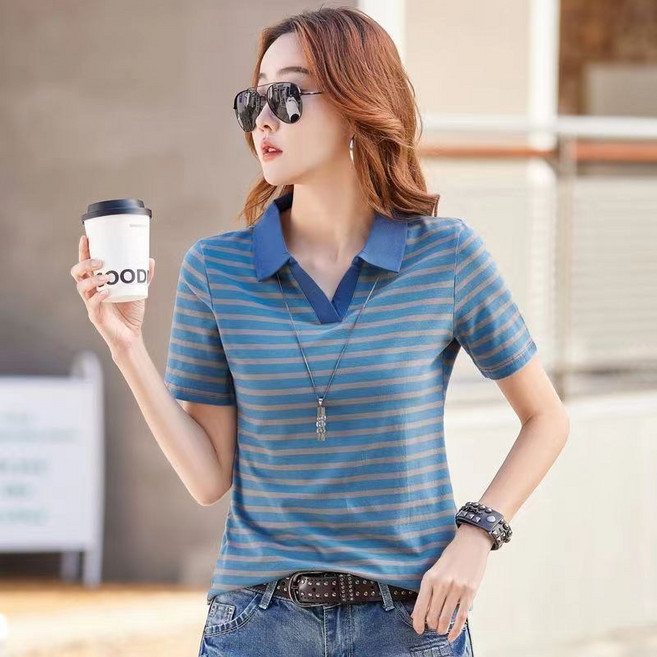 NEW 소프트 프리미엄 여성 면 스판덱스 탄력 골프 폴로 반팔 브이넥 티셔츠 줄무늬 여름티 반팔티 빅사이즈