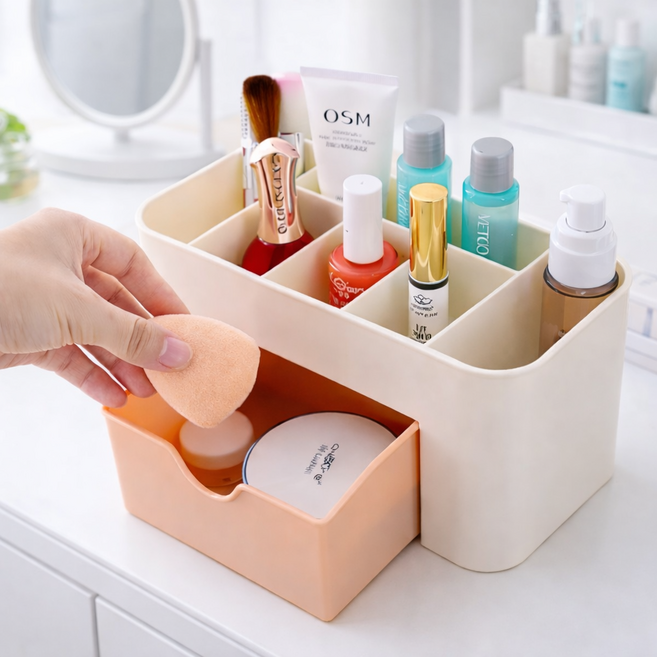 일상보담 6칸 다용도 미니 서랍 수납함 화장대 책상 욕실 정리함, 1개, 크림핑크