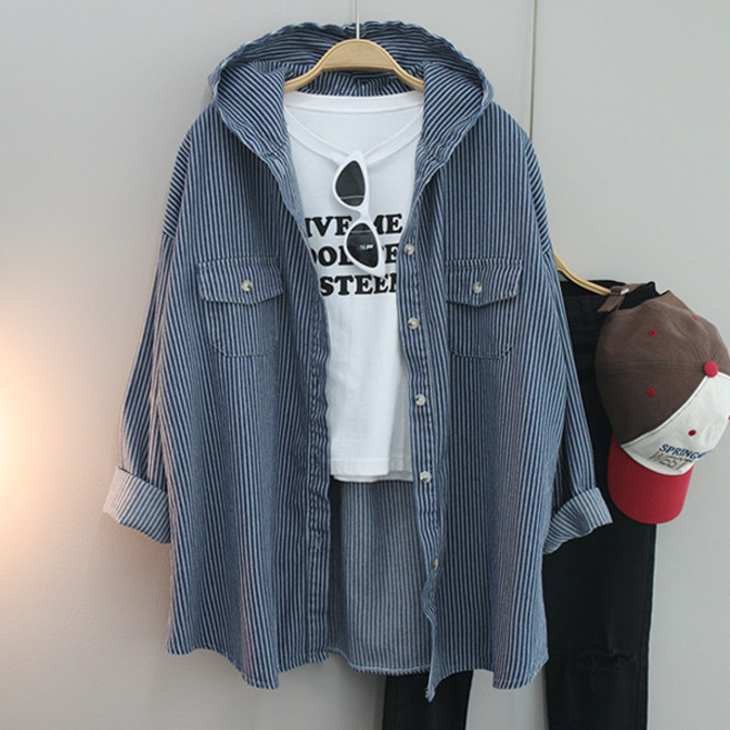 달콩 여성 봄신상 빅사이즈 청남방 카인스트라이프후드데님셔츠