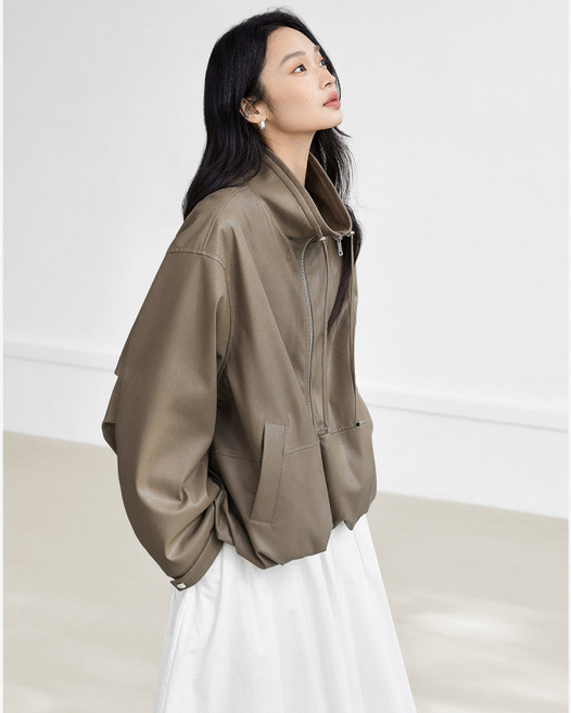 가죽자켓 캐주얼 아우터 재킷 여성용 PU가죽 스탠드칼라 루즈핏 드로스트링 봄