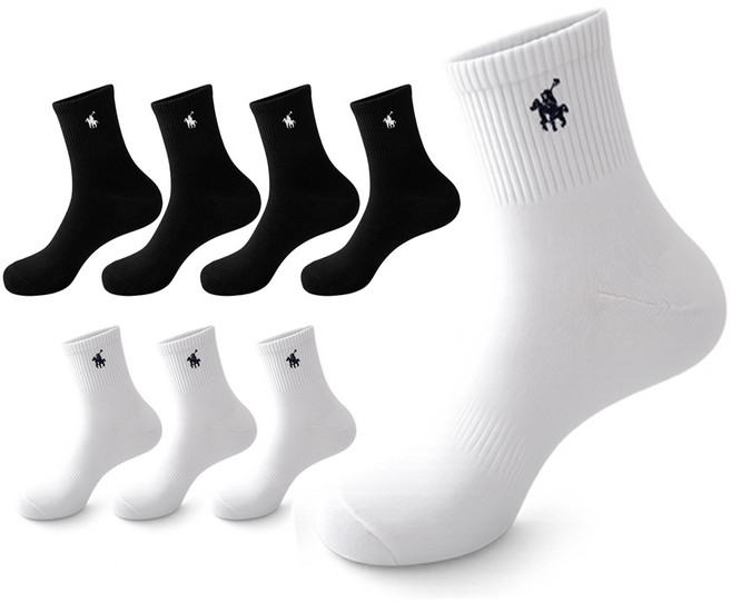 마상격구 남성 스포츠 중목 양말, 8개, 화이트+블랙