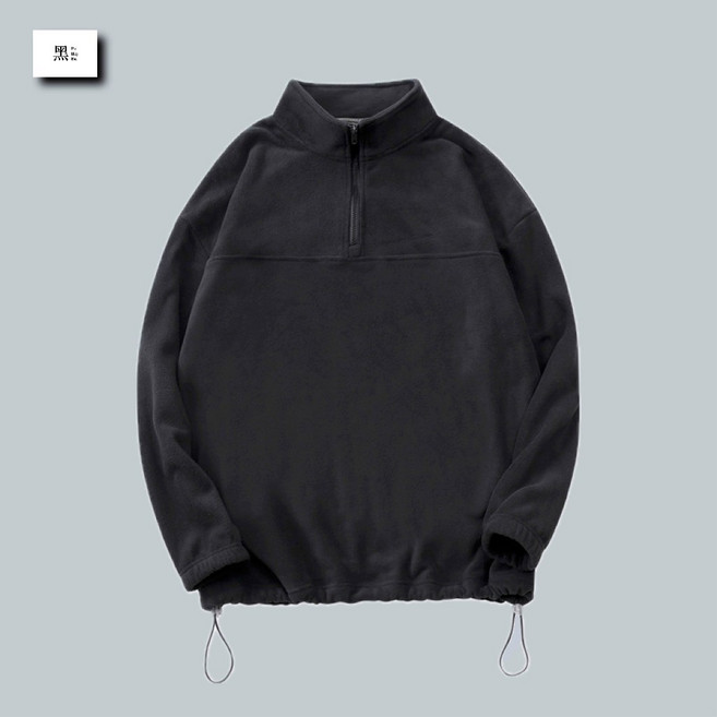 黑黑 半開襟高領搖粒絨長袖外套 雙面絨毛保暖 深灰色 M