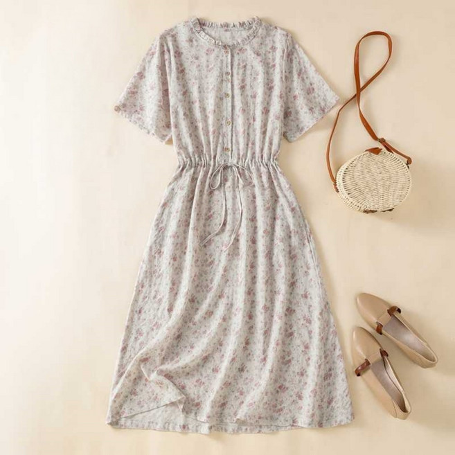 LUNATURE 여성 여름 면마 원피스 허리조임 루즈핏 패션 휴양지 롱 원피스