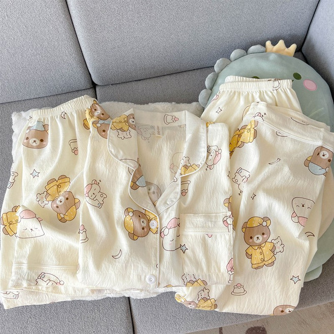 Yellwell귀여운 캐릭터 여성 긴팔 잠옷 세트 편안한 면 잠옷 소프트 도트 패턴 파자마LYT