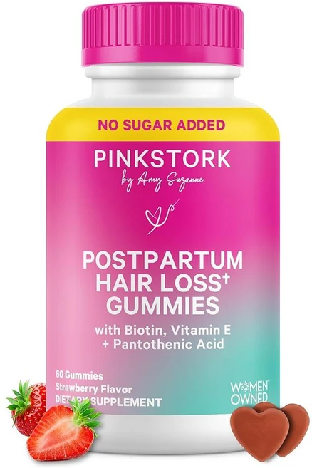 Pink Stork 산후 젤리: 모발 피부 및 손톱 비타민 산후 비타민 모발 재성장 + 강화용 비오틴 엄마를 위한 산후 필수품 여성 소유 딸기 젤리 60개, 1개 - 쿠팡