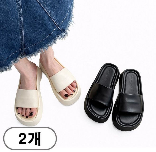 차쿠 1+1 여성 통급 일자 슬리퍼 사무실 통굽 슬리퍼 4cm