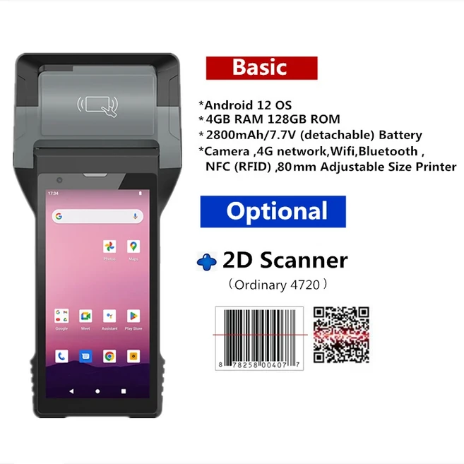 올인원 휴대용 PDA 안드로이드 12 와이파이 블루투스 NFC 스마트 터미널 바코드 스캐너 내장 80MM 프린터, 01 2D 4720, 01 EU