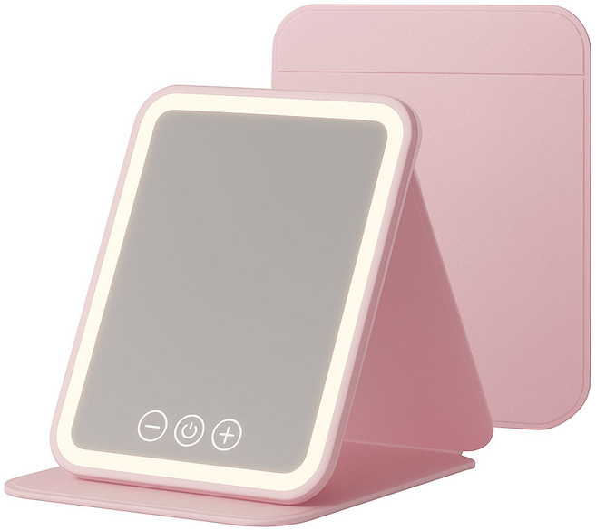 접이식 휴대용 LED 화장 탁상 거울 데스크탑 스타일, 핑크